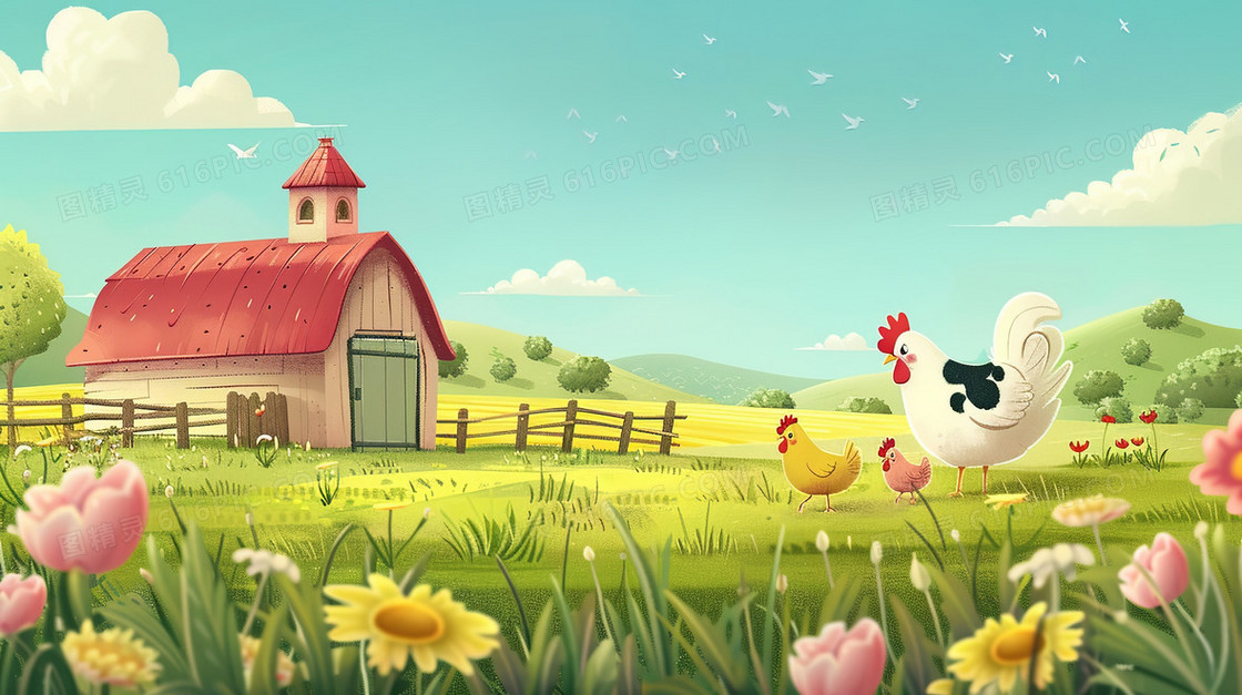 蓝天白云农场田野动物风景插画