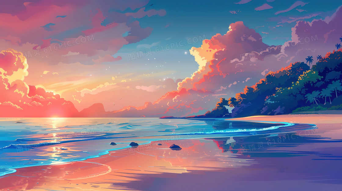 夏天海边度假风景插画