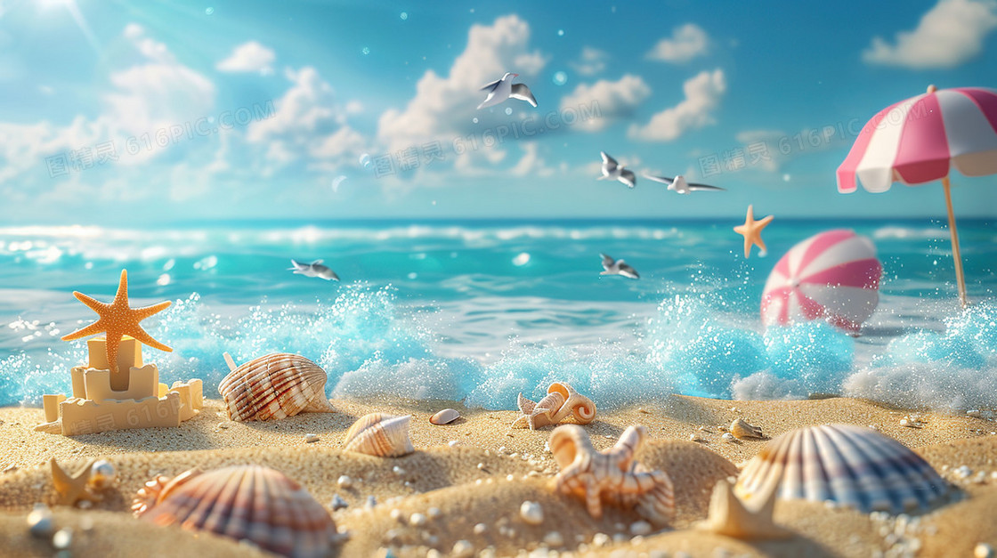 夏天蓝天白云沙滩海边插画