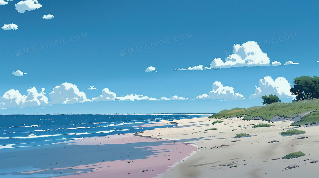 夏天蓝天白云海边插画