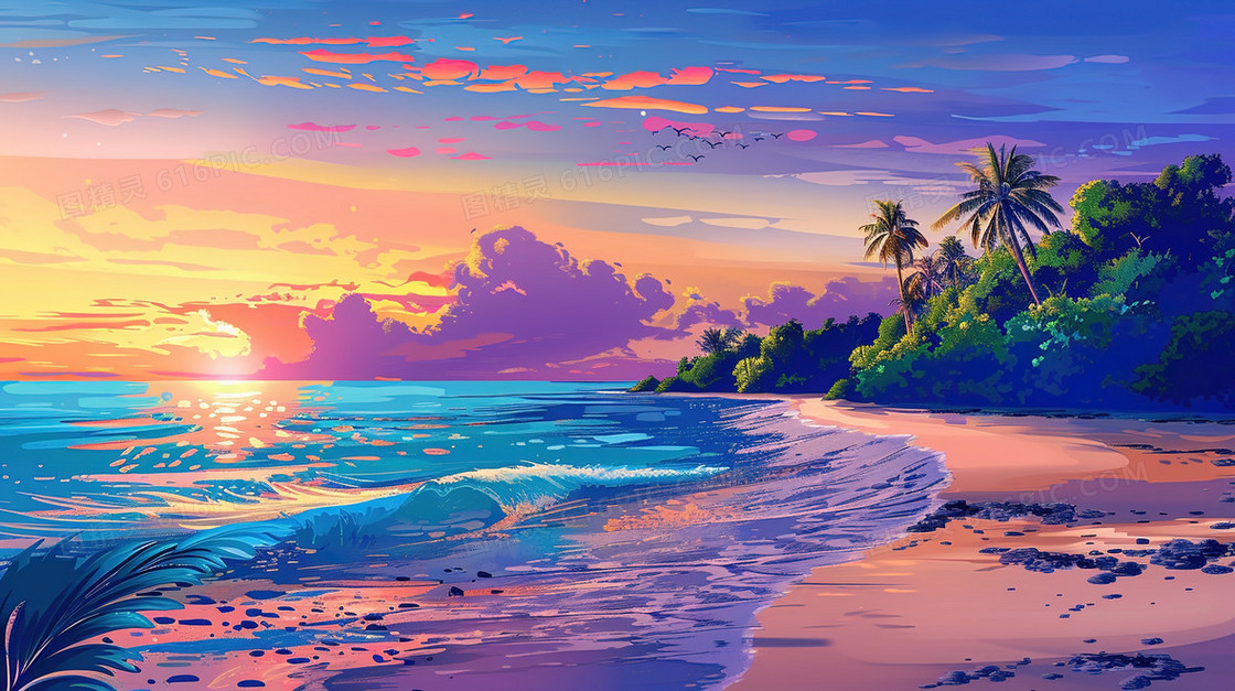 夏天海边度假风景插画