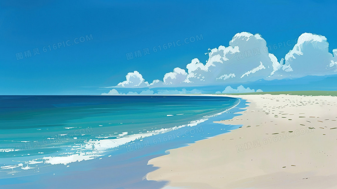 夏天蓝天白云海边插画