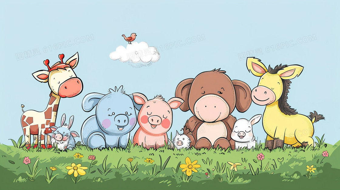 草地农场里的可爱小动物们插画