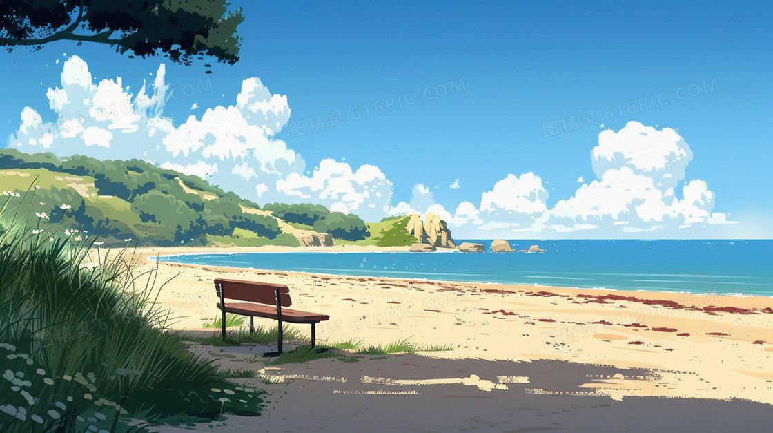 夏天蓝天白云海边插画