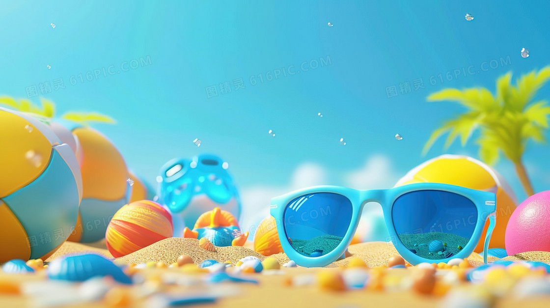 夏天沙滩海边度假物品插画