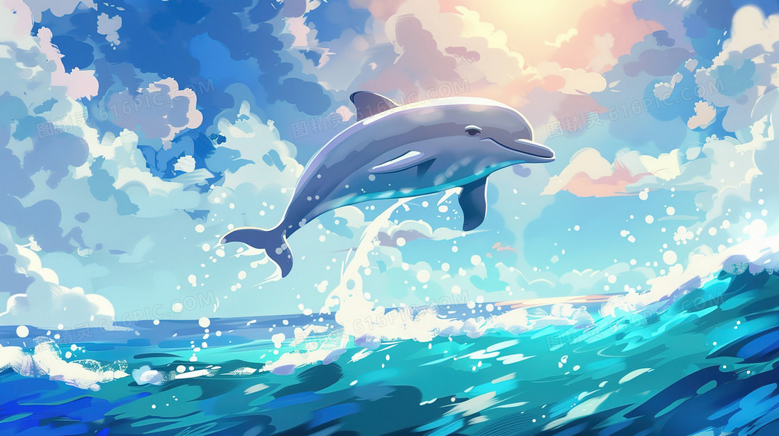 海面跳跃的可爱海豚插画