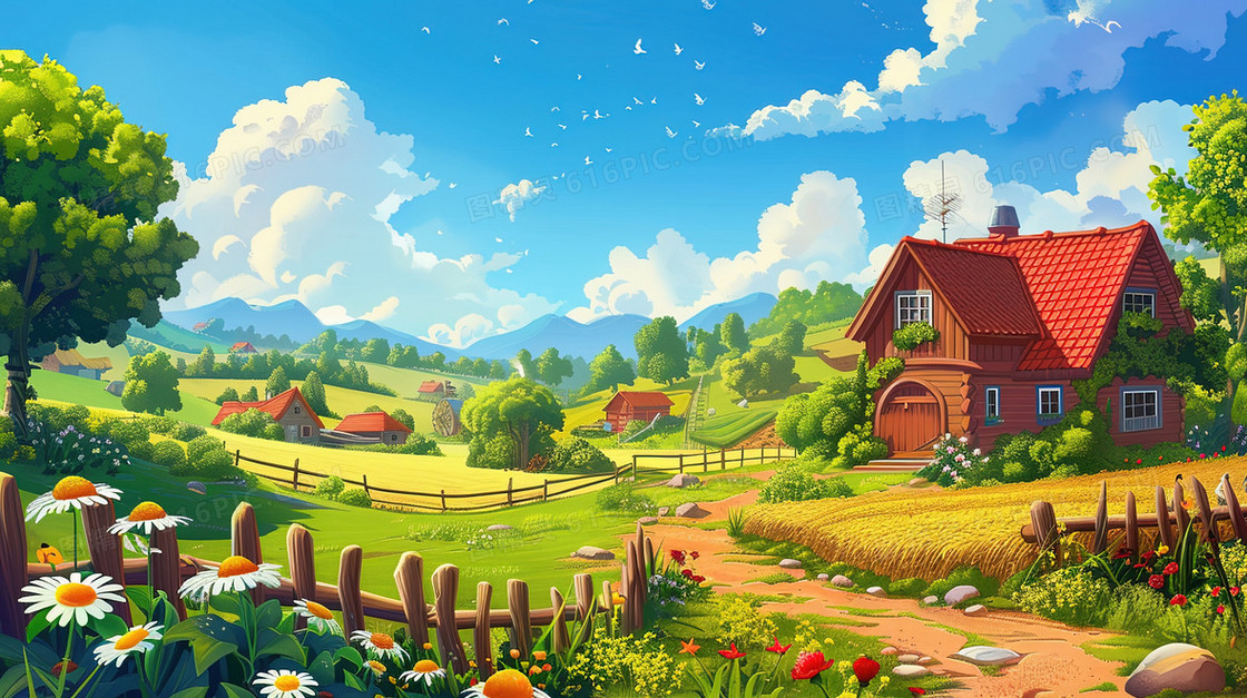 蓝天农场田野风景插画