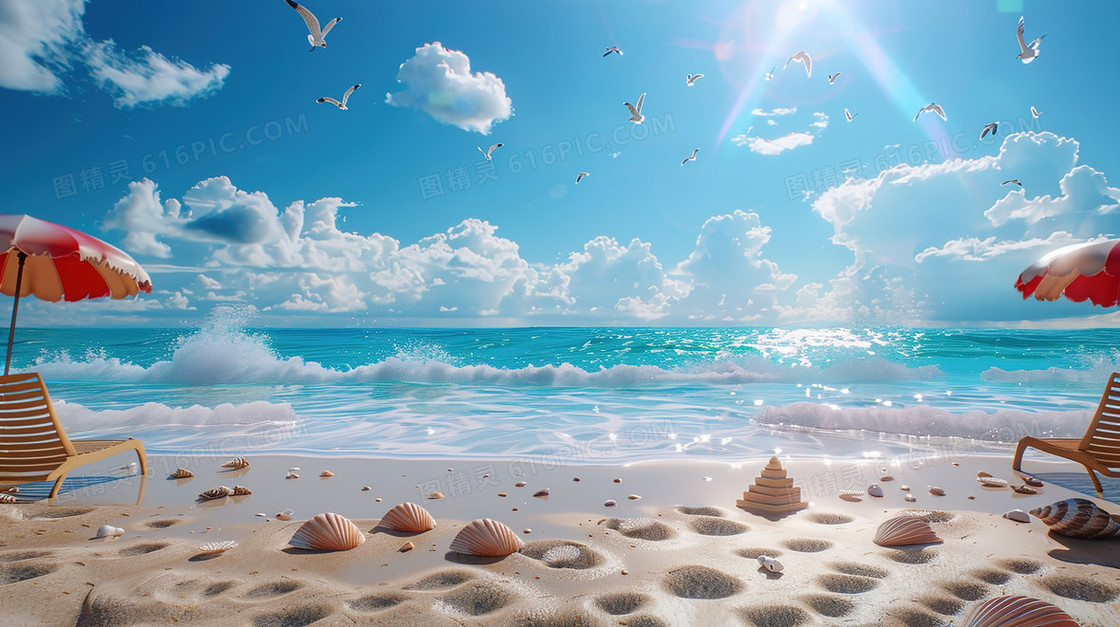 夏天蓝天白云沙滩海边插画