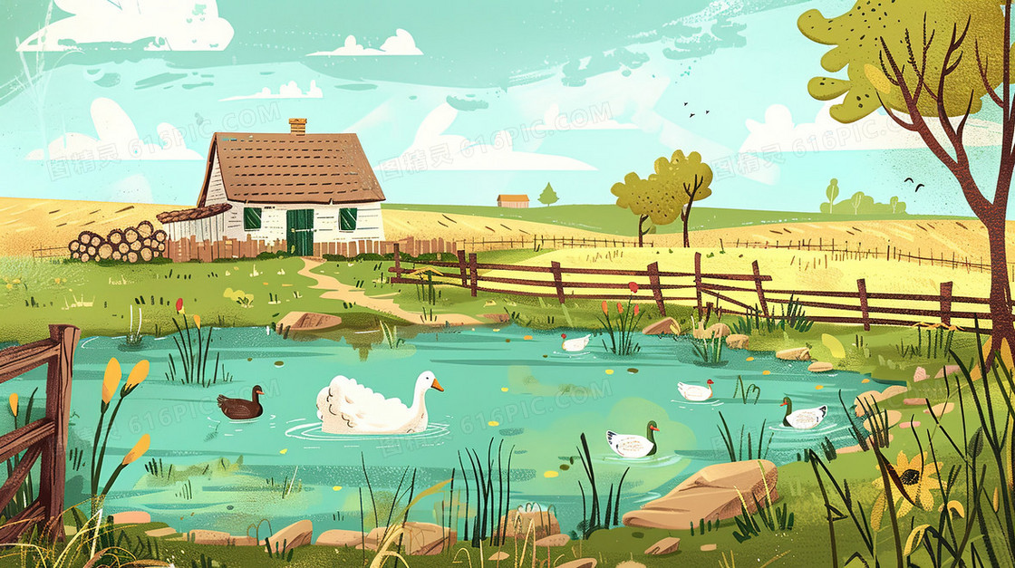 农场田野池塘里的鸭子风景插画