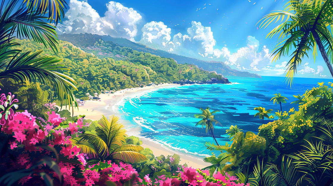 唯美夏天海边风景插画