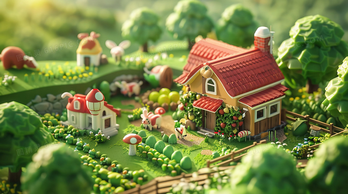 3D立体农场田野风景插画