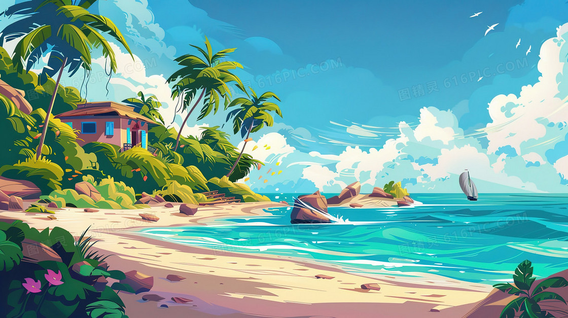 夏天海边度假风景插画