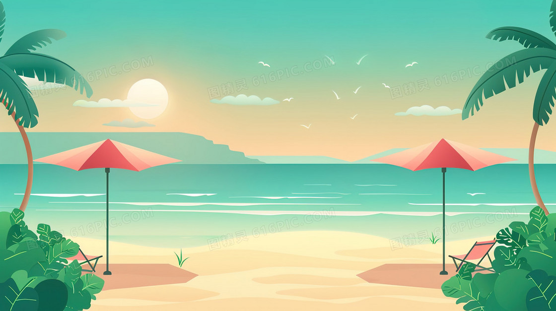夏天海边度假风景插画