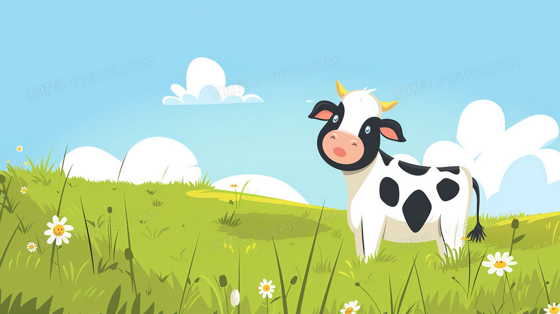 农场草地上的可爱奶牛插画