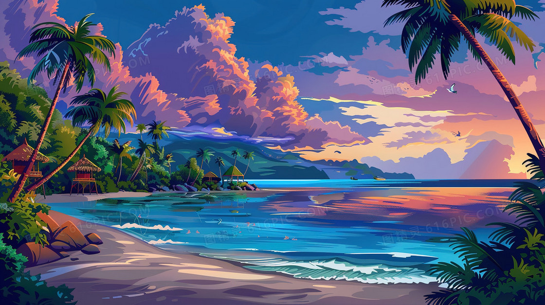 夏天海边度假风景插画