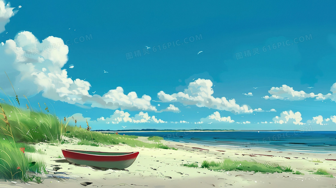 夏天蓝天白云海边插画