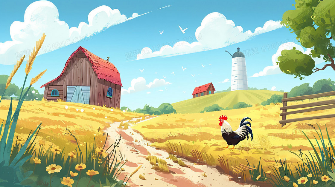 蓝天白云农场田野动物风景插画