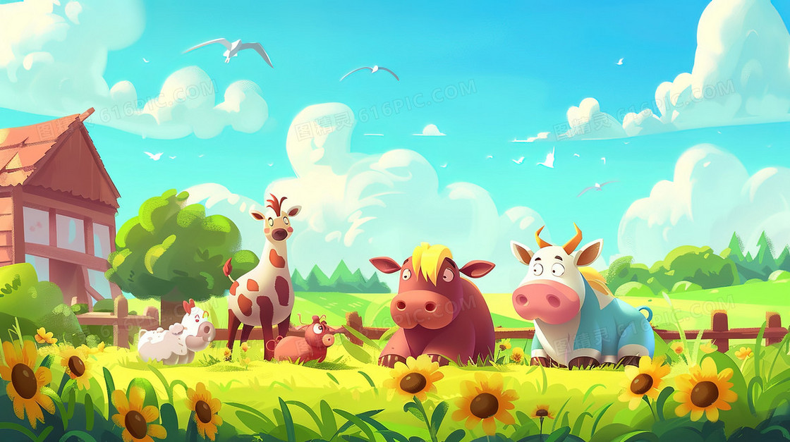 草地农场里的可爱小动物们插画