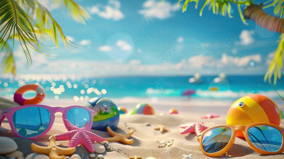 夏天沙滩海边度假物品插画