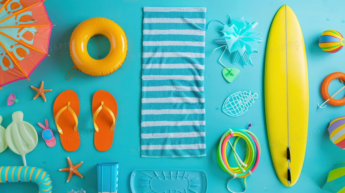 夏天沙滩海边度假物品插画