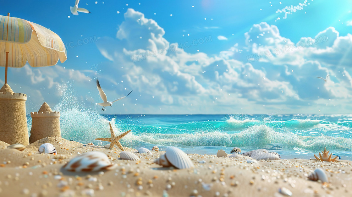 夏天蓝天白云沙滩海边插画