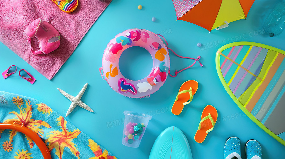 夏天沙滩海边度假物品插画