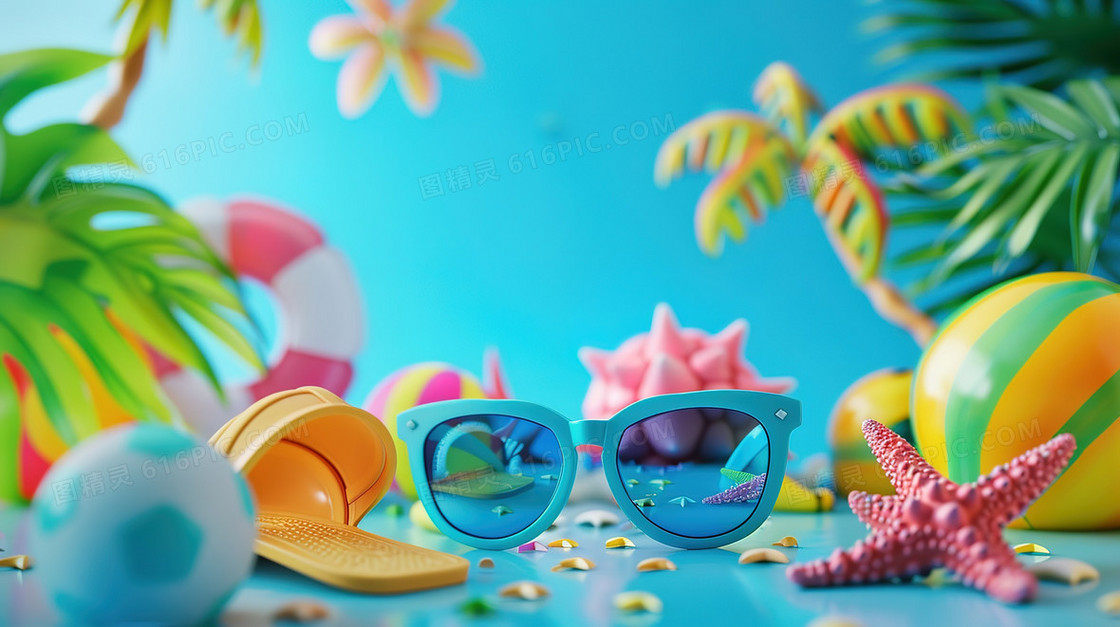 夏天沙滩海边度假物品插画