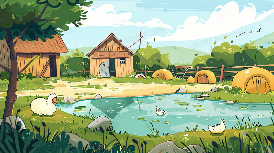 农场田野池塘里的鸭子风景插画