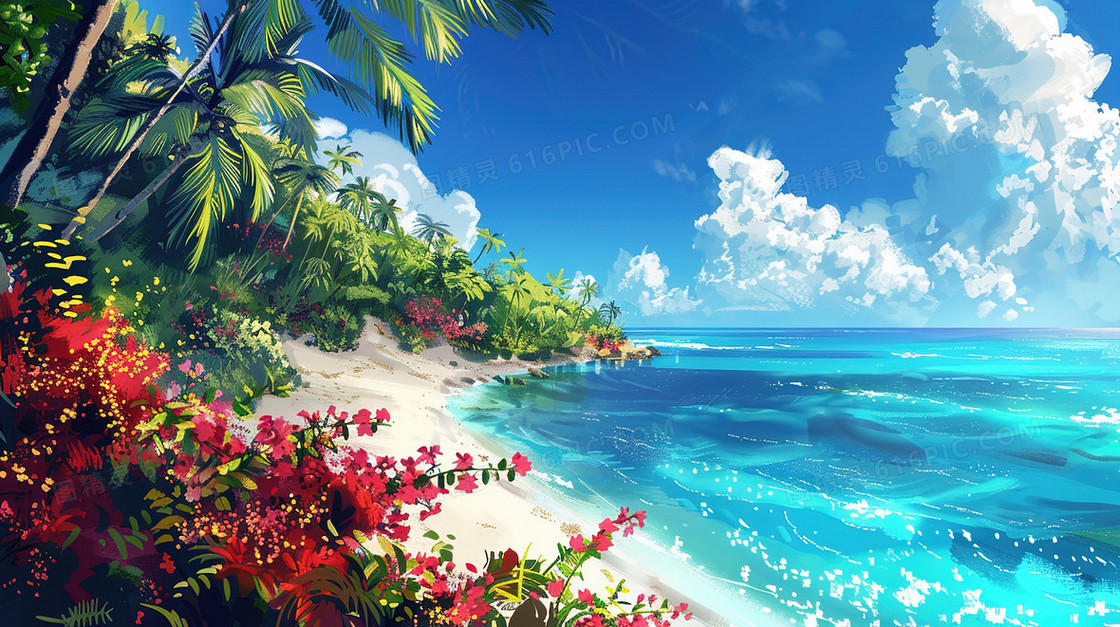 唯美夏天海边风景插画