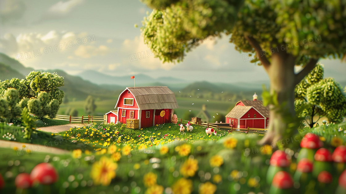 3D立体农场田野风景插画