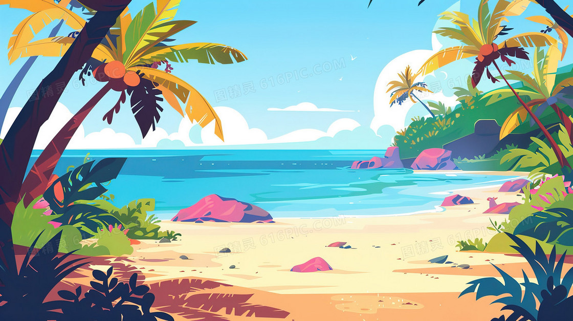 夏天海边度假风景插画