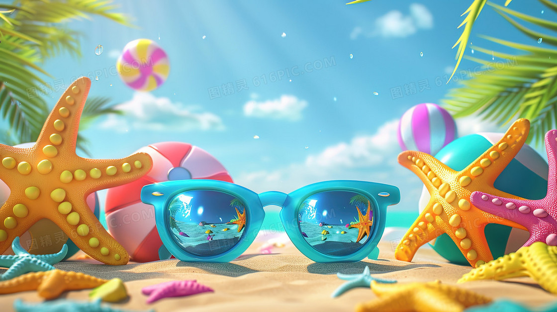 夏天沙滩海边度假物品插画