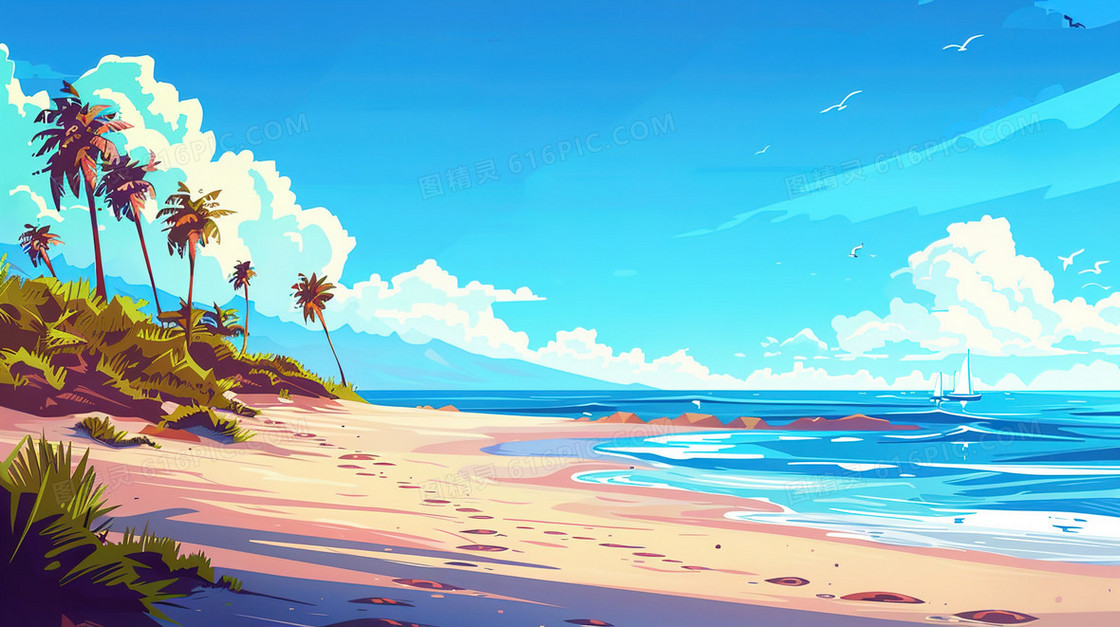 夏天海边度假风景插画