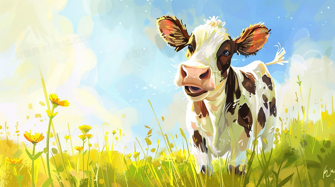 蓝天草地可爱奶牛插画