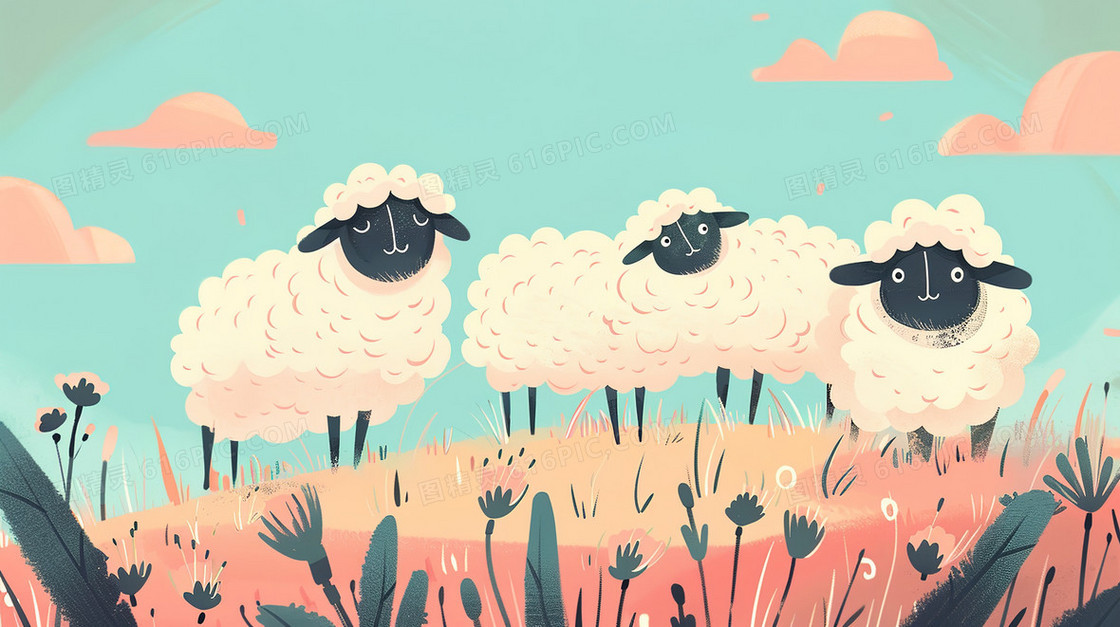 卡通手绘草地上的羊群插画
