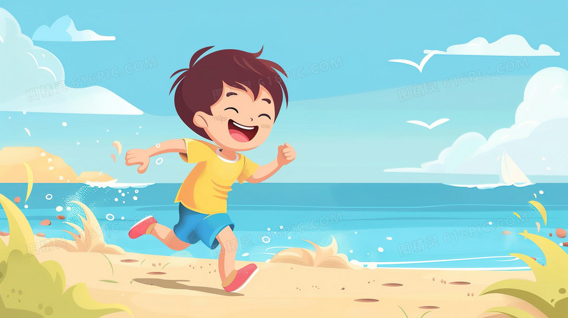 卡通手绘沙滩上玩耍的男孩子插画