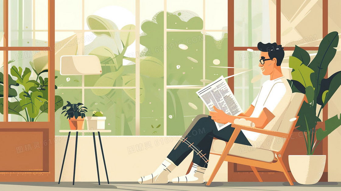 手绘窗边看报纸的青年插画