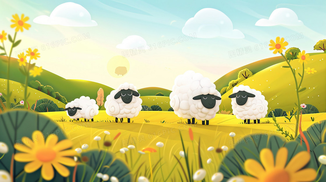卡通手绘草地上的羊群插画