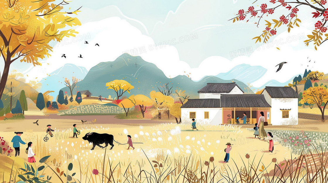 唯美卡通手绘农村田野房屋插画