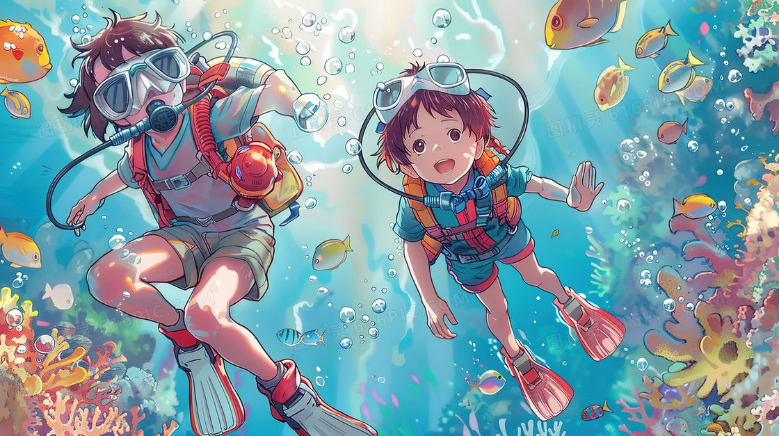 卡通手绘潜水的小孩子插画