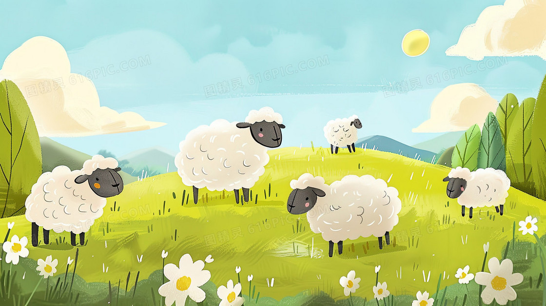 卡通手绘草地上的羊群插画