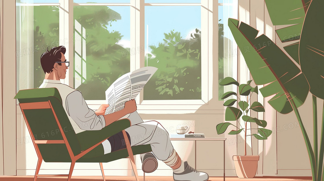 卡通手绘窗边看报纸的青年插画