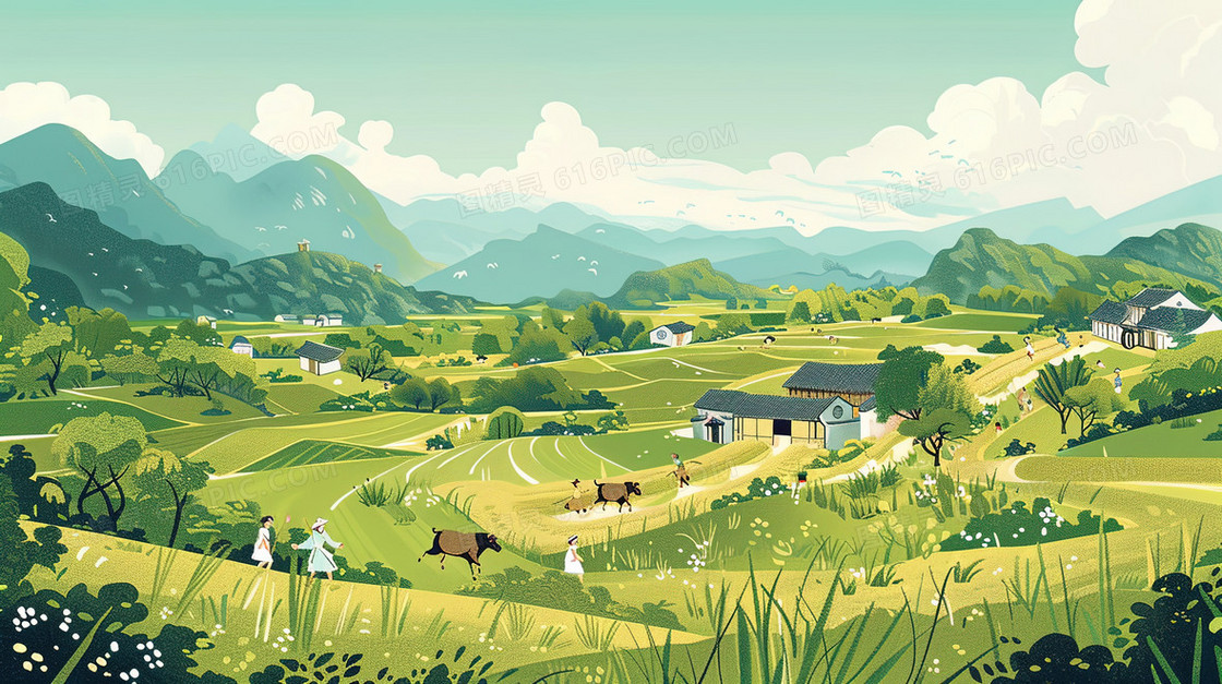 唯美卡通手绘农村田野房屋插画