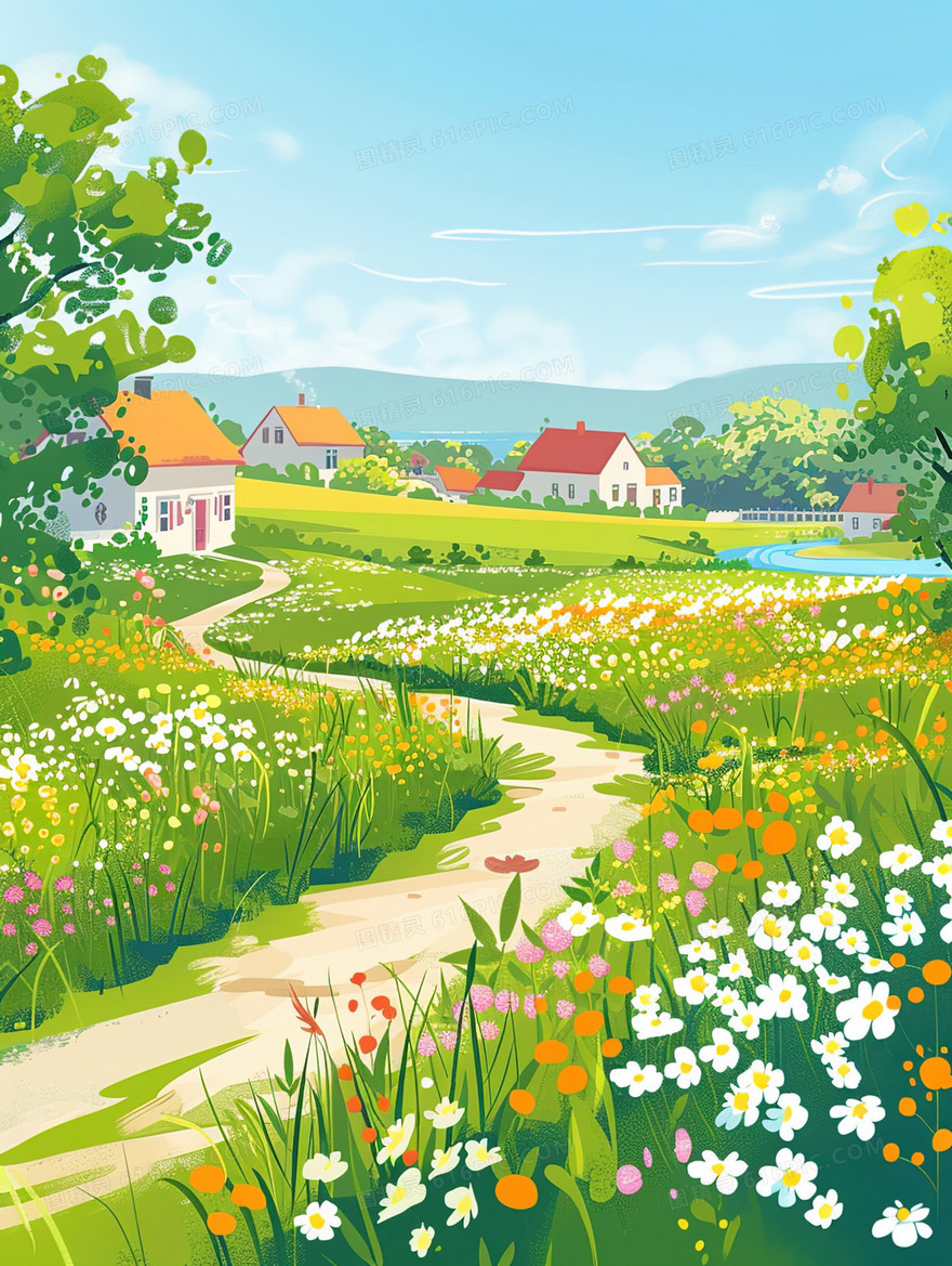 开满鲜花的农村小路风景插画