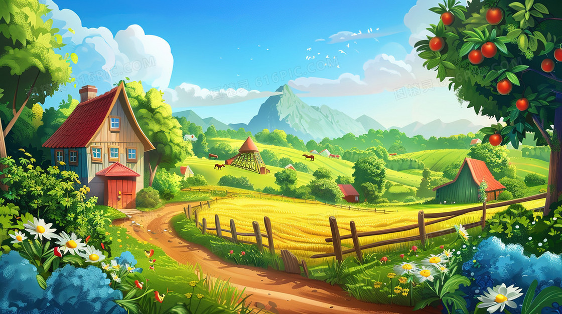 蓝天农场田野风景插画