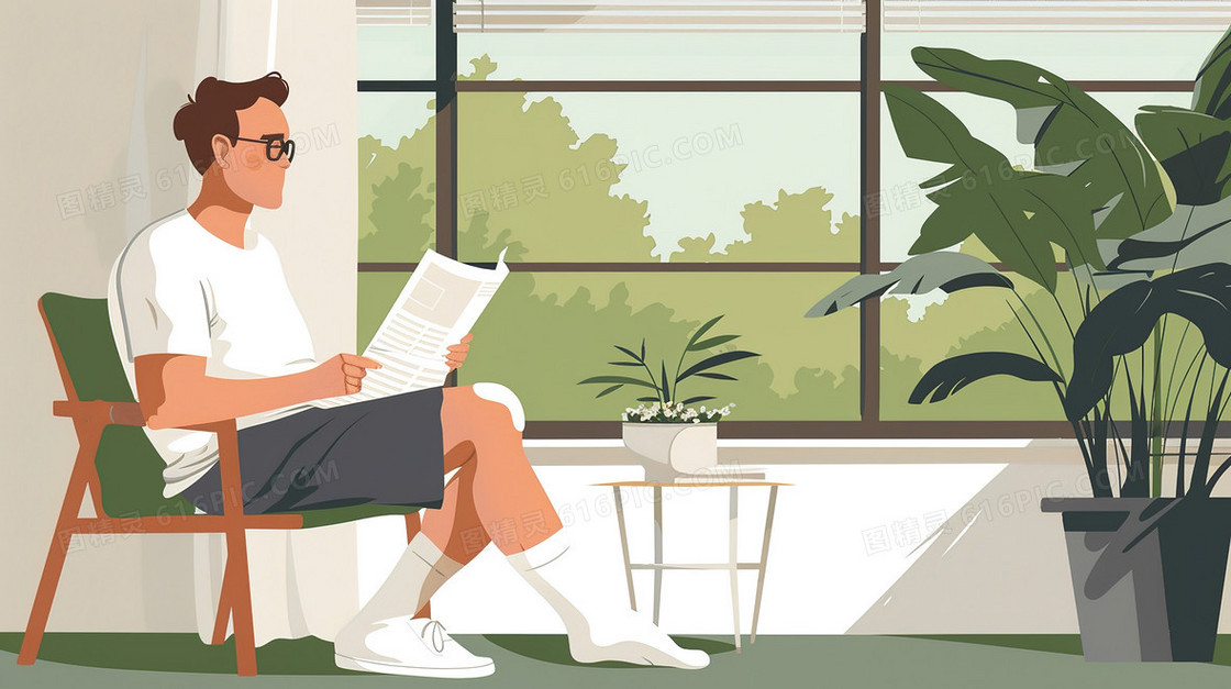卡通手绘窗边看报纸的青年插画