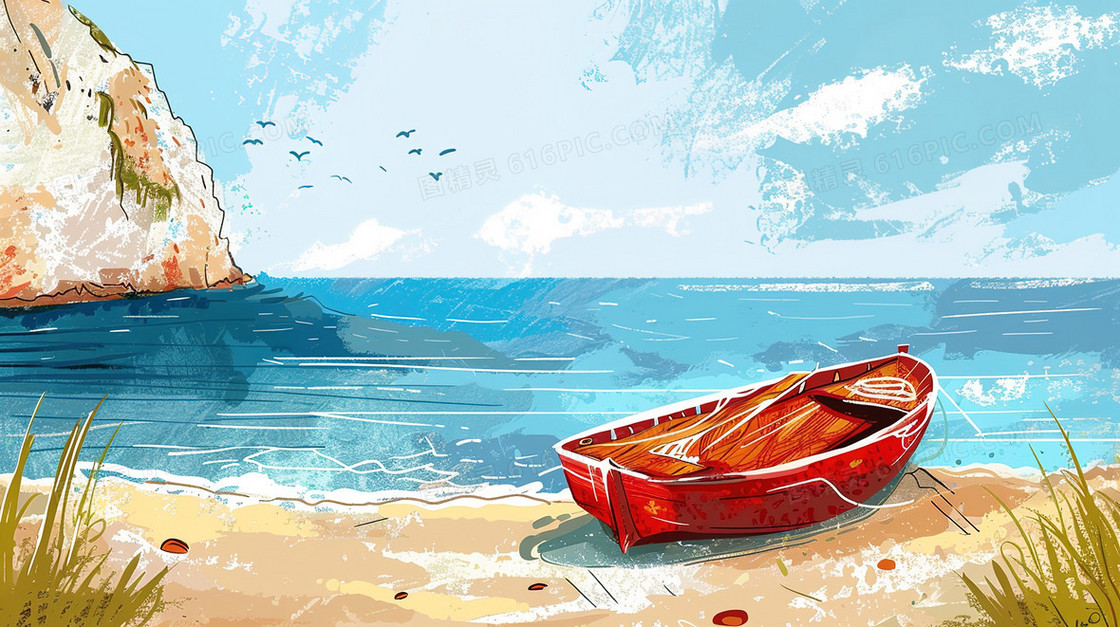 卡通手绘立夏海边小船插画