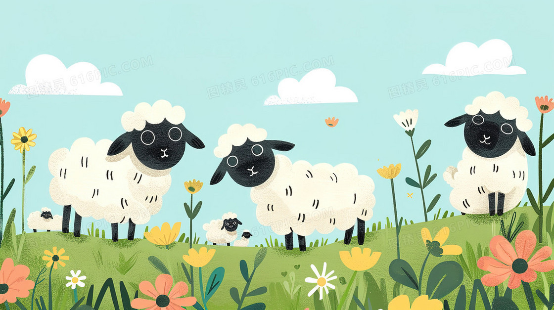 卡通手绘草地上的羊群插画