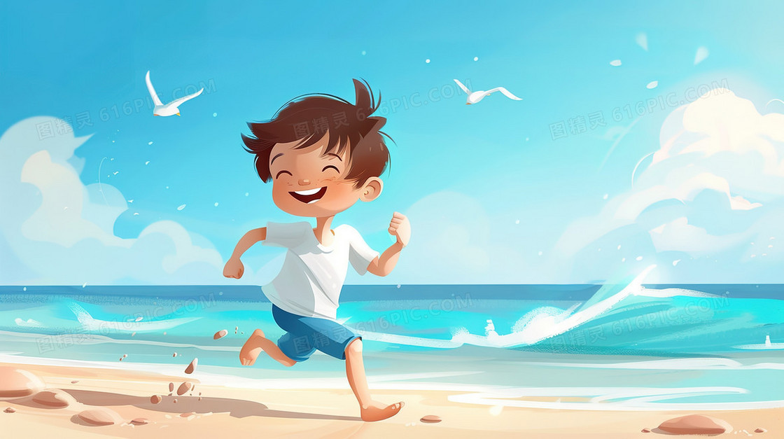 卡通手绘沙滩上玩耍的男孩子插画