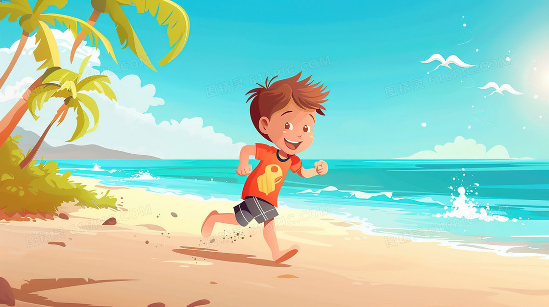 卡通手绘沙滩上玩耍的男孩子插画